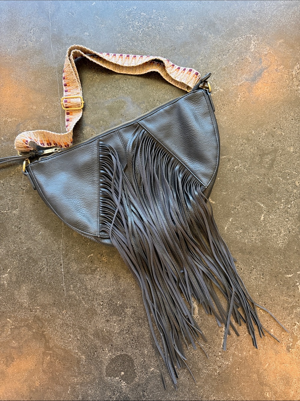 Urban Originals Black Fringe Crescent Hobo Bag with Patterned Strap
